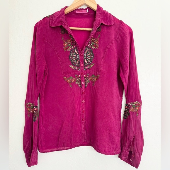 Johnny Was Pink Fuchsia Embroidered Long Sleeve Button Down Size Small - Picture 1 of 9